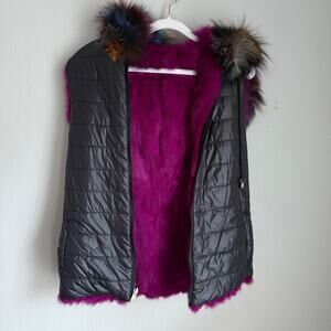 Adrienne Landau Fur & Puffer Hooded Vest Rabbit Fur with Fox Fur Trim Reversible